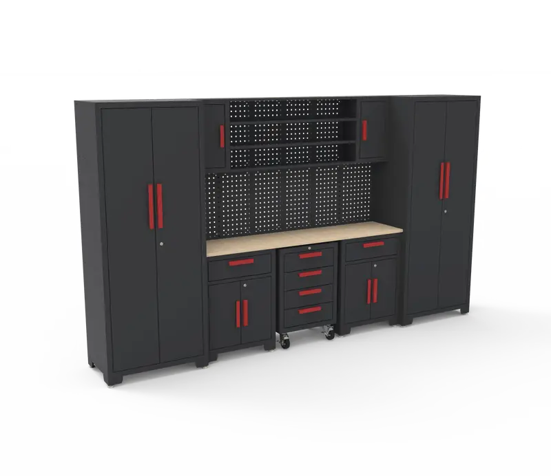 16 Pcs Garage Tool Bench Cabinet Set – Heavy-Duty Steel Storage System With Wood Worktop 206103 1