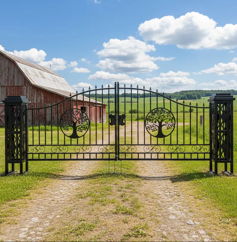 20 Ft Heavy-Duty Steel Driveway Gate With Tree Of Life Artwork – Black Dual Swing Farm Gate Kit Su20tl 1