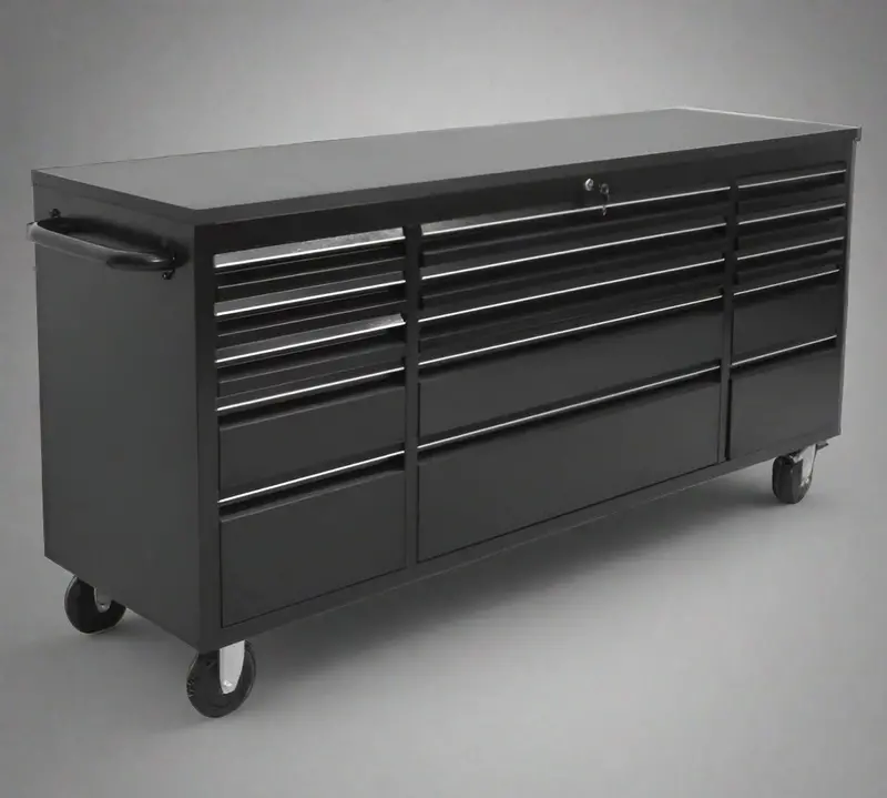 72" 15-Drawer Rolling Tool Workbench – Heavy-Duty Black Steel With Wood Top | Sku Htc7215pc 1