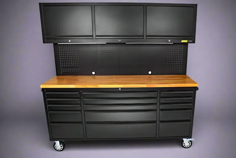 72" 18-Drawer Rolling Tool Chest Workbench – Heavy-Duty Black Steel With Wood Top | Model Htc7218pc 1