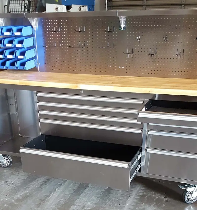 84" Stainless Steel Tool Bench – 11 Drawers, Wood Top & Led Light | 8411D 1