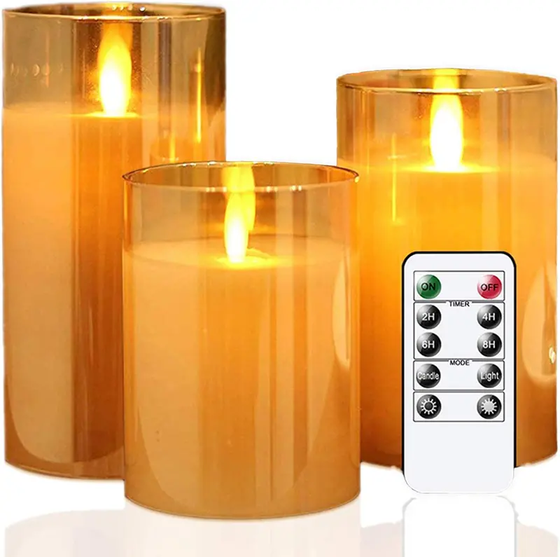 Flameless Led Glass Pillar Candles With Flickering Moving Flame, 3-Piece Battery Operated Candle Set With Timer & Remote S6203 1