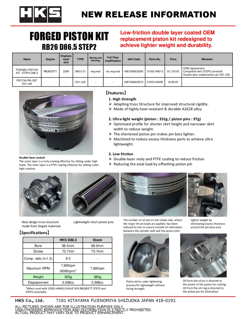 Hks Lightweight Short Piston Pin Set D21 L56 Hks21005-Ak009 1
