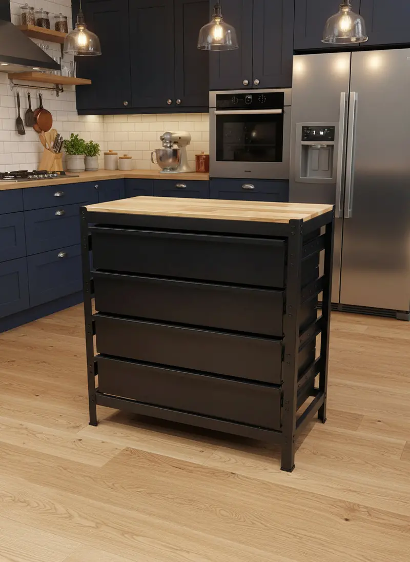 Industrial Steel Workbench Island Kitchen With Hardwood Top Top & 4 Drawers, 33″ X 16″ – Black 2506152 1