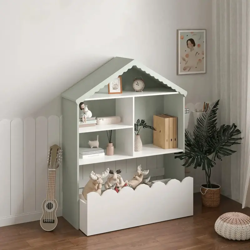 Kids Bookcase With Storage Bin – House-Shaped White Bookshelf For Bedroom, Playroom, Daycare Bc038w 1