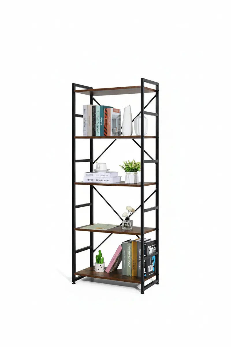 New 5-Tier Industrial Bookshelf – Rustic Wood & Metal Frame Tall Storage Bookcase – Model Tlsf05 1