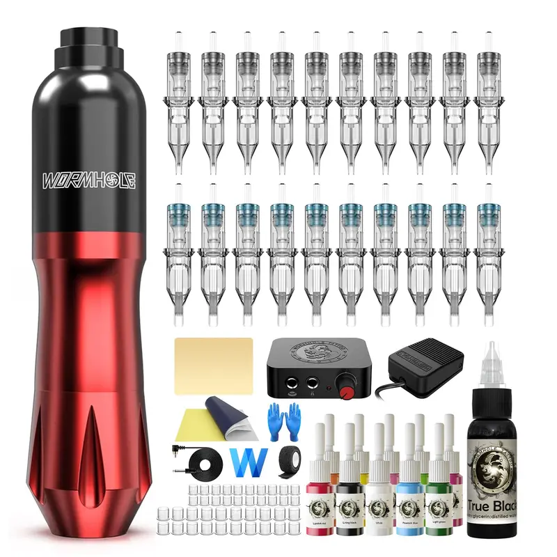 Tattoo Kit Pen Machine 20 Cartridge Needles 10 Ink Colors With Power Supply Foot Pedal Rca Cord – Wtk079 1