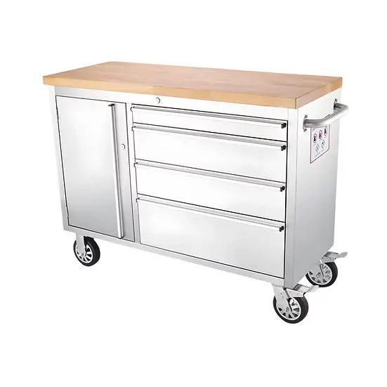 Thor 48″ Stainless Steel Rolling Tool Workbench With Wood Top, 4-Drawer Mobile Tool Cabinet –  Htc4804w1 1